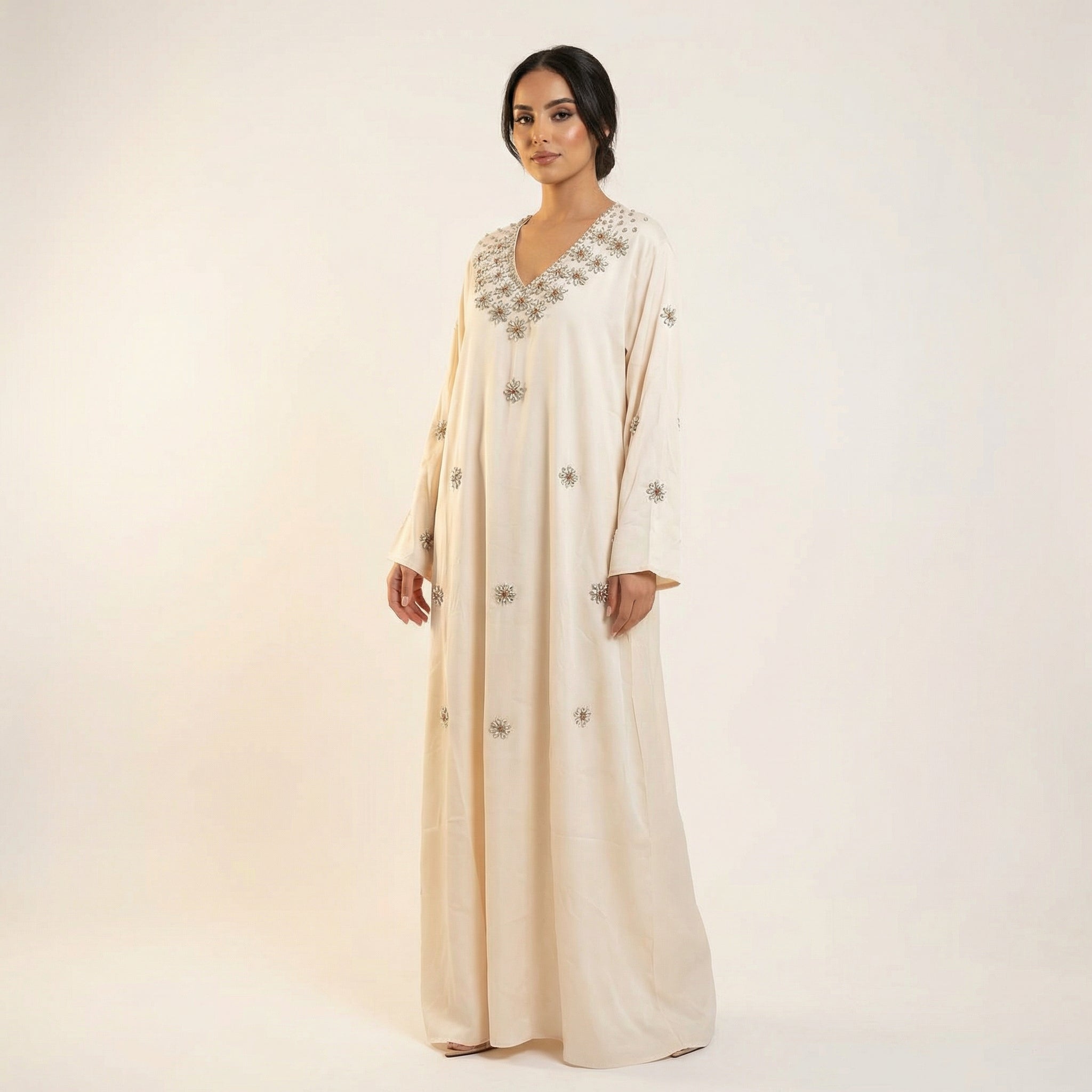 Jalabiya Khaleeji Beige Cristaux Floraux