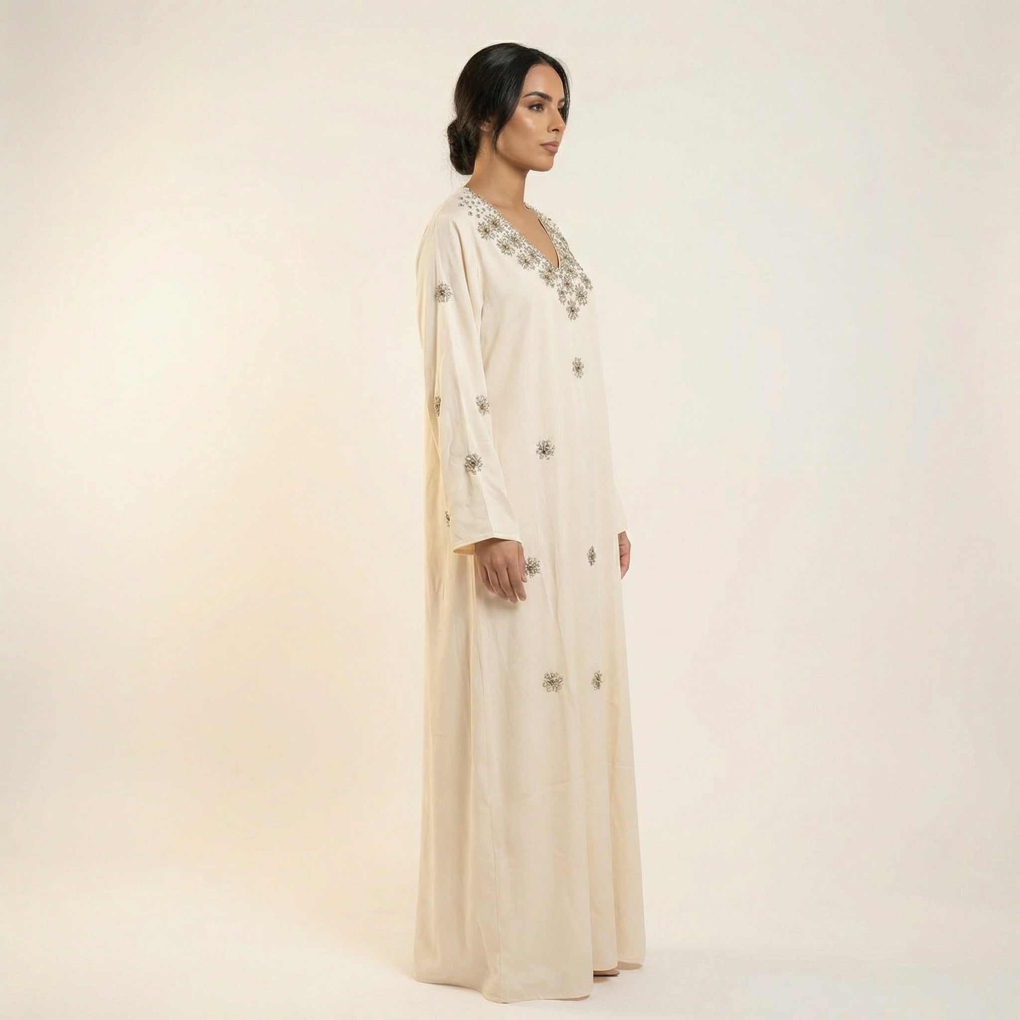 Jalabiya Khaleeji Beige Cristaux Floraux